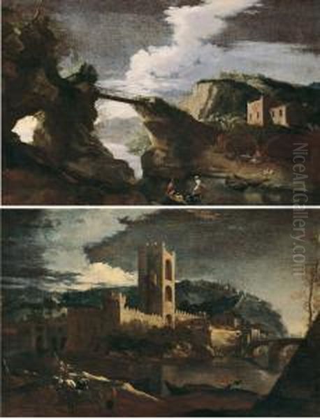 Lotto Unico Di Due Dipinti Raffiguranti ?paesaggio Con
Ponte? E ?paesaggio Con Torri E Ponte? (?firenze A San - view 1