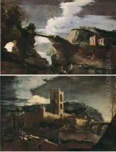 Lotto Unico Di Due Dipinti Raffiguranti ?paesaggio Con
 Ponte? E ?paesaggio Con Torri E Ponte? (?firenze A San by Lieven Mehus