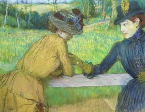 Two women leaning on a gate by Edgar Degas