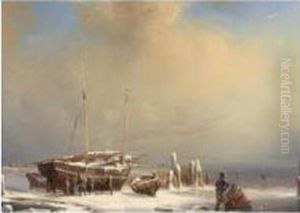 Figures Repairing A Boat On A Frozen Waterway