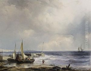 Sailing Vessels On The Shore With Katwijk In The Background