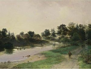 A River Landscape With Figures On A Path A River Landscape With Figures On A Path
