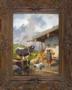 Junge Bauerin Mit Kuh, Schaf Und Zwei Lammern An Der Tranke Vor Einer Almhutte