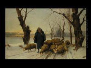 Schafer Mit Seinen Schafen Im Schnee