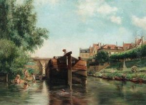 Bathers On The Riverbanks By A Town