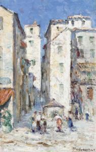 Strassenpartie Mit Markt Unter Blauem Himmel. Strassenpartie Mit Markt Unter Blauem Himmel.