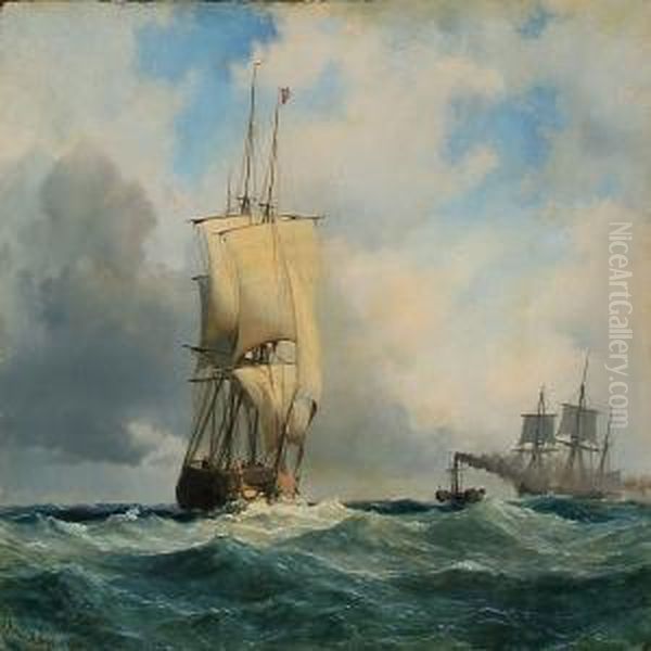 Seascape With Two Sailing Ships And A Steamer - view 1