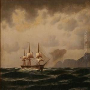 Seascape With A Danish Warship Passing A Rocky Coast by Anton Melbye