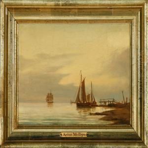 Marine With Sailing Ships Along The Coast On A Calm Day by Anton Melbye