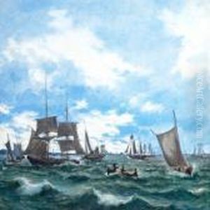 Numerous Ships And Pramson The Water by Anton Melbye