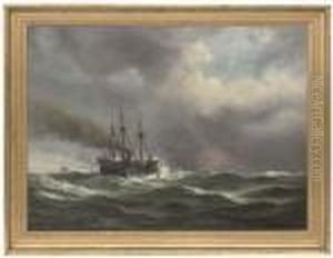 A Paddle Steamer In Heavy Seas, A Ship Beyond