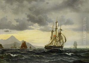 An English Frigate Running Up A Rocky Coast With Small Craft Inshore by Vilhelm Melbye