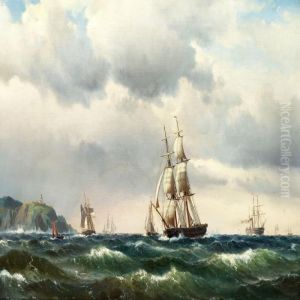 Seascape With Numerous Sailing Ships Near A Rockycoast by Vilhelm Melbye