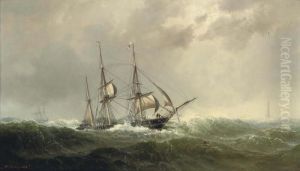A Three-masted Barque Reefed-down In Heavy Weather by Vilhelm Melbye