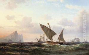 Xebecs And Other Shipping Off Gibralter At Sunset
