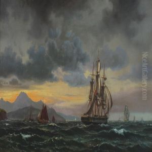 Seascape With Numerous Sailing Ships Near A Rockycoast