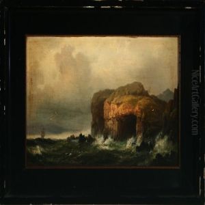 Coastal Scenery With Sailing Ship In Rough Sea