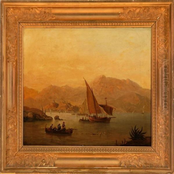 Coastal Scene With Afishing 
Dinghy And Other Ships In Haze Afternoon Sun, Southern Europe - view 1