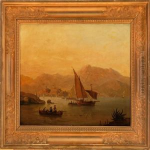 Coastal Scene With Afishing 
Dinghy And Other Ships In Haze Afternoon Sun, Southern Europe