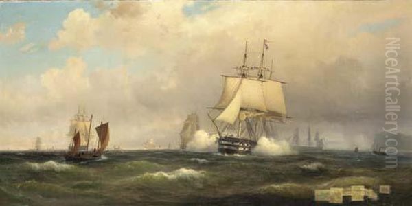A Man-o-war Firig A Salute Off A Headland With Other Shipping In The Distance - view 1
