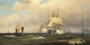 A Man-o-war Firig A Salute Off A Headland With Other Shipping In The Distance