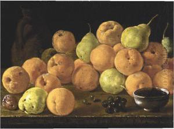 A Still Life Of Quinces, Pears, A
 Plum, A Bunch Of Red Grapes, Green Grapes, A Terracotta Jug And A 
Ceramic Cup, All Arranged Upon A Table Top - view 1