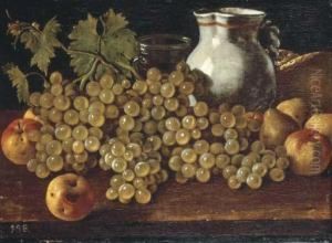 Bodegon Con Manzanas, Uvas, Peras, Pan, Jarra Y Vaso Decristal
