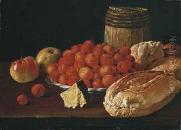 Arbutus Berries On A Plate, Apples, A Wood Barrel And Bread Rollson A Wooden Table - view 1