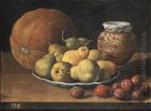 Pears On A Plate, A Melon, 
Plums, And A Decorated Manises Jar Withplums On A Wooden Ledge