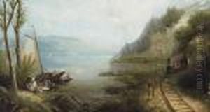 A River Landscape With A Boating Party And Passing Train