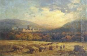 View Of Balmoral Castle With Figures Harvesting In Theforeground