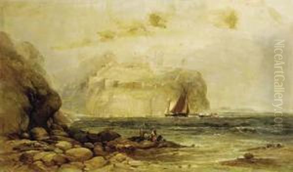A Coastal View With Figures On The Rocks In The Foreground And Acastle Beyond - view 1