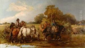 Shire Horses And Drovers Crossing A Ford
