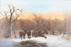 Woodcutters And Horses In A Winter Landscape