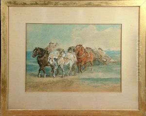 Two Men Employing Horses To Salvage Spars From A Shipwreck - view 1
