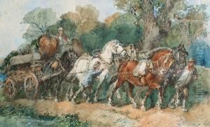 A Team Of Horses Pulling A Cart On A Country Lane by Harden Sidney Melville