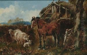 A Chesnut Horse And Sheep Before A Stable A Chesnut Horse And Sheep Before A Stable