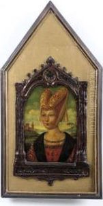 Portrait Of A Lady, Half-length In A Red Be-jewelled Dress, A Castle Beyond by (manner of) Memling, Hans