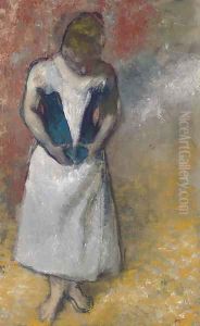 Femme debout et vue de face, agrafant son corset by Edgar Degas