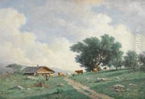 Kuhe Auf Der Weide Bei Chalet. by Louis Mennet