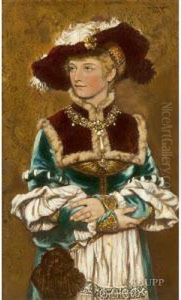 Halbfigurenbildnis Einer Jungen
Dame In Tracht Immittelalterlichen Stil Mit Grunem Kleid Mit Hellen
Armelkrempen,bestickter Schurze, Einem Prachtigen Weinroten Samtkragen
Mitpelzbesatz Sowie Einem Federgeschmuckten Hut - view 1
