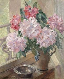 Still Life Of Flowers In A Vase With Pewter Bowl by Jules Merckaert