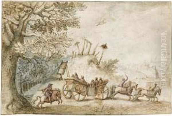 Landscape With A Coach And Four Driving From Woods Past A Gibbet, Towards A Town - view 1
