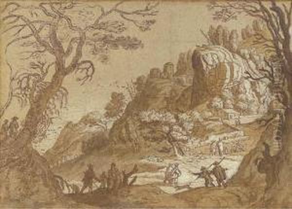 An Extensive Mountain Landscape 
Seen Through Trees, With Peasants And Their Flocks And Travellers On A 
Road Beyond - view 1