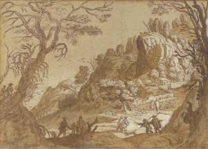 An Extensive Mountain Landscape
Seen Through Trees, With Peasants And Their Flocks And Travellers On A
Road Beyond by Matthaus the Elder Merian