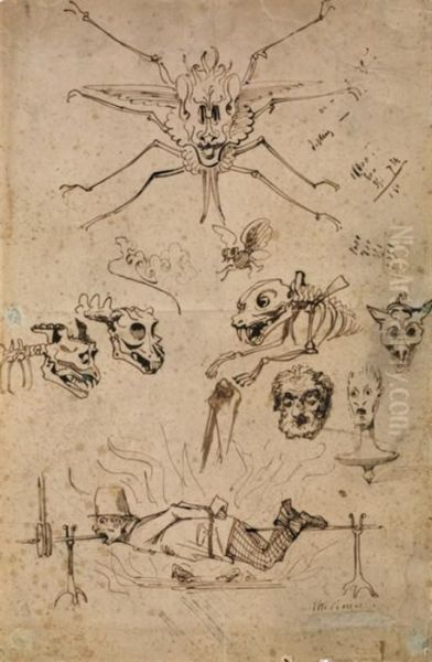 Feuille D'etudes : Monstres Et Homme Embroche - view 1