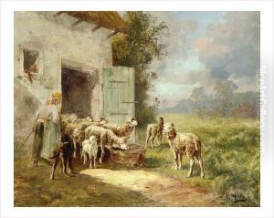 Moutons Et Bergere by Hugues Merle
