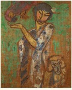 Merodack-jeaneau - - Femme Au Singe Et Au Perroquet by Alexis Merodack-Jeanneau