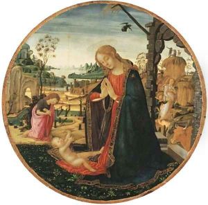 The Madonna and Child, the Youthful Saint John the Baptist and an Angel in a landscape beyond by Jacopo Del Sellaio