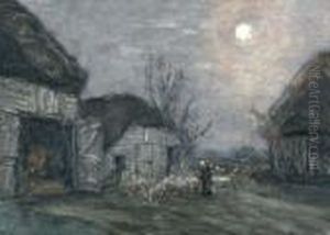 Avondlandschap Met Herderin En Schapen Bij De Stal by Sientje Mesdag Van Houten